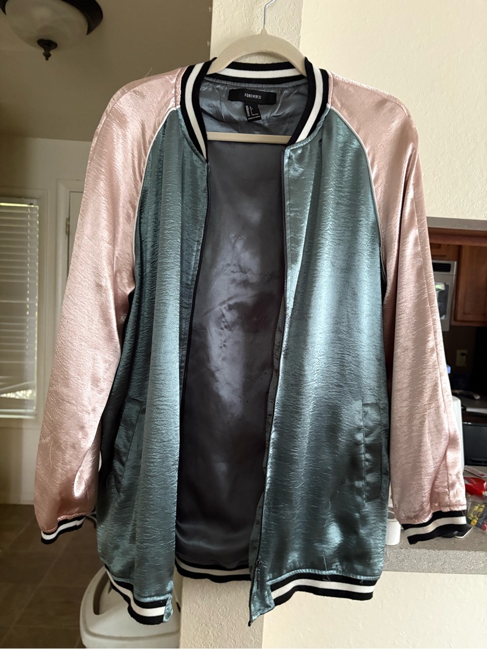 Forever 21 Metallic Satin Bomber Jacket in Silver & Black Trim